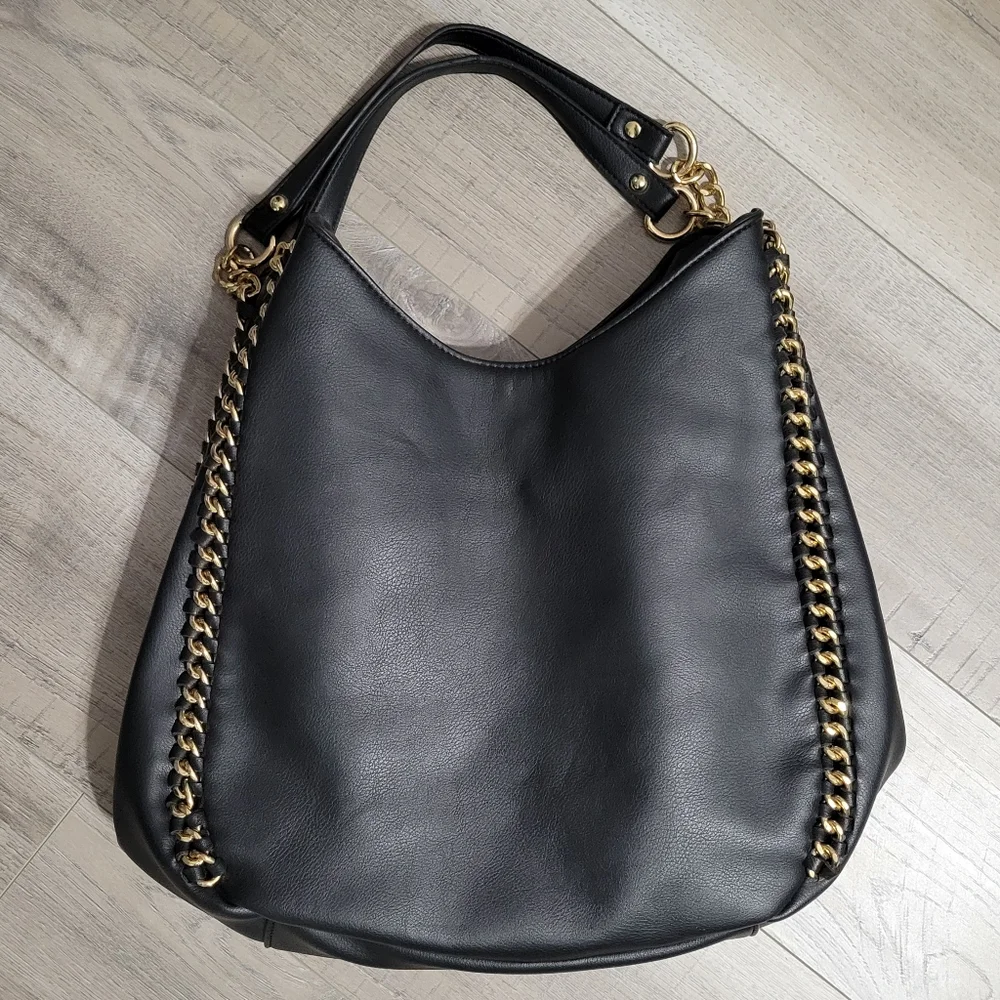Bebe Colette Triple Entry Black Hobo Bag/Satchel Gold Chainlink Hobo Bag
